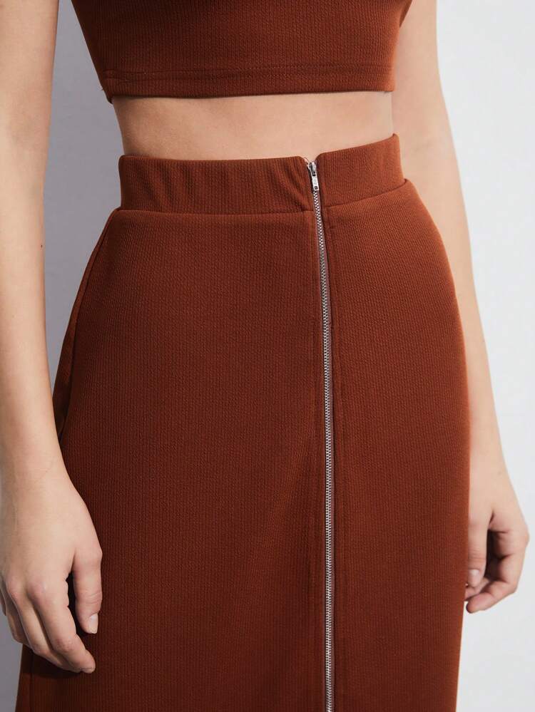 2pcs/Set Women's Summer Elastic Knit Zip Front Sleeveless Top And Front Zipper A-Line Skirt Set