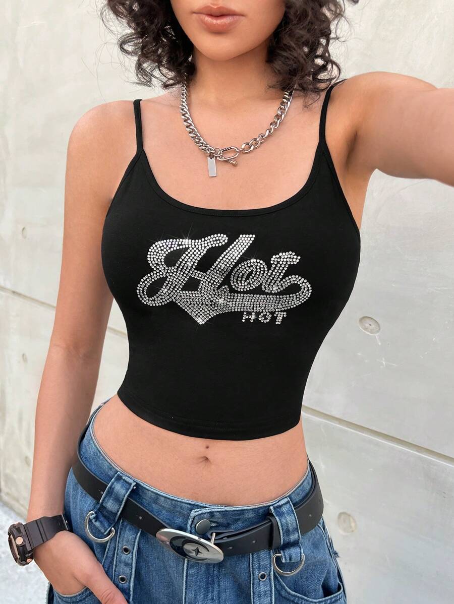SHEIN EZwear Women's Letter Pattern Rhinestone Decor Spaghetti Strap Tank Top Suitable For Spring And Summer - Black - View 1
