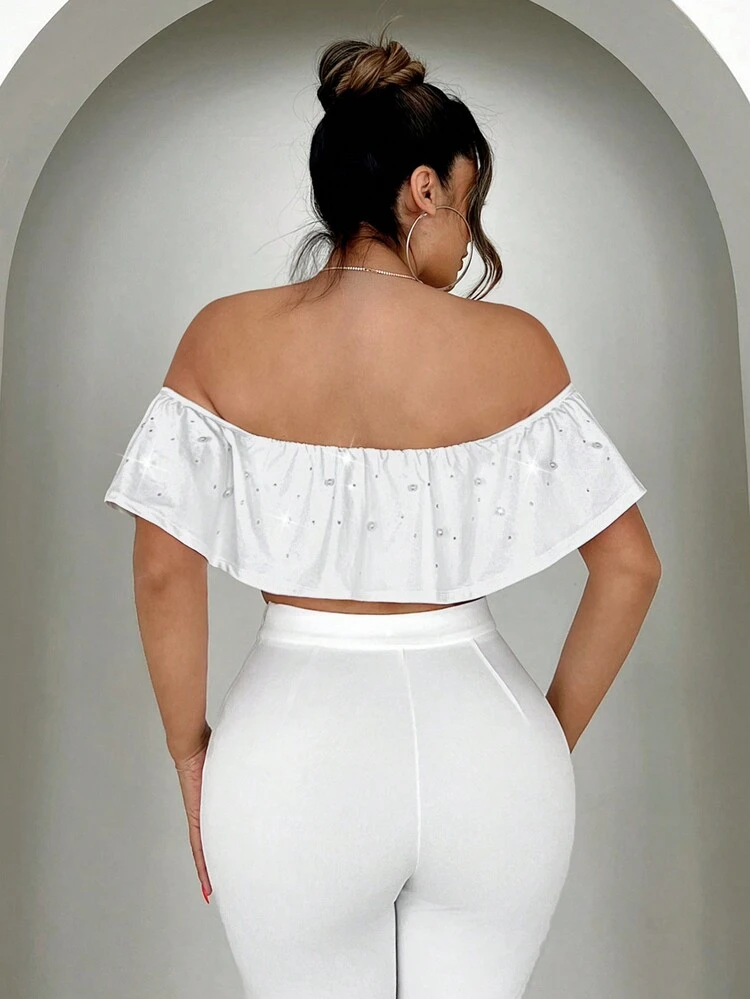 Ladies' Solid Color Rhinestone Decor Off Shoulder Mesh Stitching Top Birthday Spring Women Valentine Day Date Night Tops White