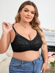 Plus Size Women's Lace Wireless Bra - Black - View 3