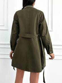 EURMUSE Women's Lapel Belted Denim Jacket - Khaki - View 2
