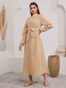 Mulvari Women's Stand-Up Collar Lace Splicing Waist Belt Arabian Dress