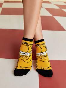GARFIELD | SHEIN 2prs/Pack Funny Cartoon Pattern 100% Cotton Breathable Sweat-Absorbent Unisex Ankle Socks