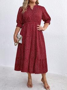 SHEIN LUNE Plus Size Women's Polka Dot Printed Ruffled Hem Dress - Burgundy - View 4