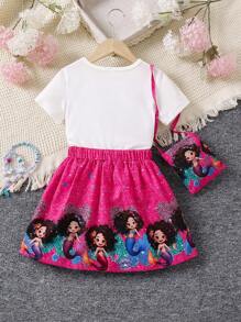 SHEIN Young Girl Mermaid Printed Sweet T-Shirt And Skirt With Shoulder Bag 2pcs/Set Spring/Summer New Arrival,Holiday,Summer,Travel - Multicolor - View 2