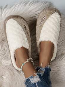 冬季加厚女式室內拖鞋,條紋、網格、純色和簡約設計 - 卡其色 - 查看 5