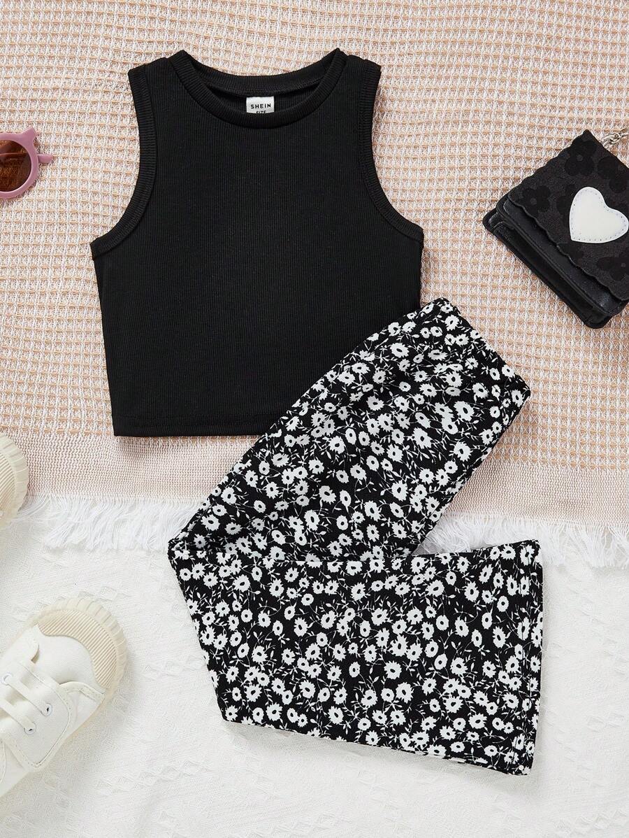 SHEIN Leap Crew Young Girl Ribbed Tank Top & Flower Printed Pants Set - Black - View 1