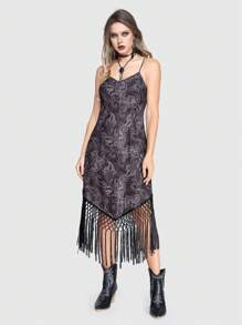 ROMWE Goth 全印花帕斯雷圖案流蘇邊細肩帶連衣裙 - 黑色 - 查看 2
