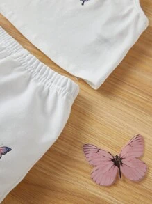 SHEIN 嬰幼女寶寶蝴蝶圖案背心,褲子和網狀襯衫套裝,3入組 - 白色 - 查看 3