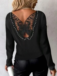 Women's Butterfly Embroidery Back Long Sleeve T-Shirt - Black - View 1