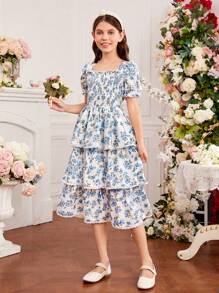 Tween Girl Square Neck Puff Sleeve Multi-Layer Ruffle Hem Floral Print Patchwork Dress