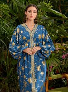 Al Najma Women Dresses Asimetris Split Tape Bunga Anggun - Biru - View 3
