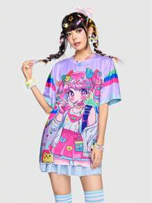 ROMWE Anime Camiseta con estampado de personajes de dibujos animados coloridos y adorables, de talla grande, para señoras, escuela