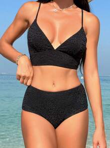 SHEIN Swim Women's Leopard Jacquard Cami Two-Piece Bikinis Set Carnival Summer - Black - View 3