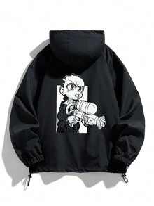 男士新款時尚休閑印花戶外防風外套 - 黑色 - 查看 1