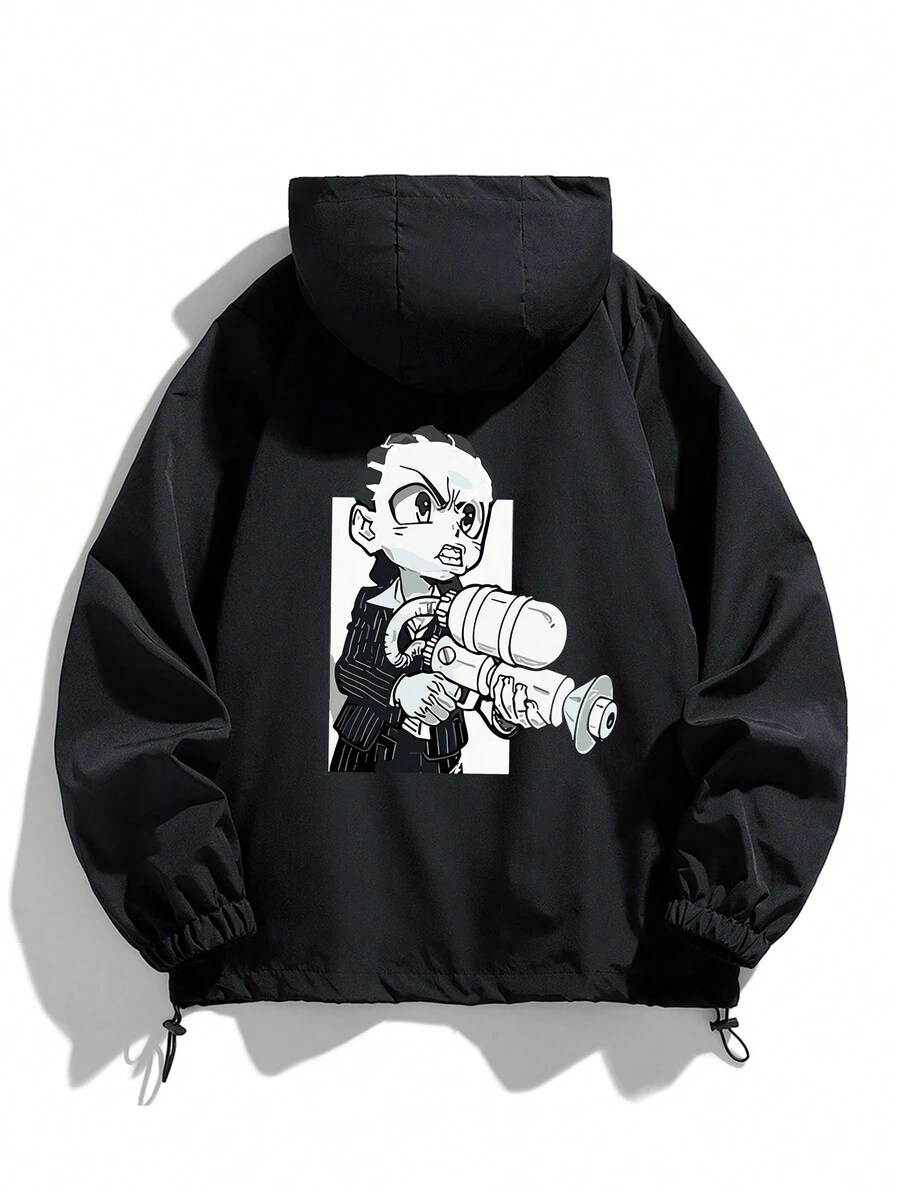 男士新款時尚休閑印花戶外防風外套 - 黑色 - 查看 1