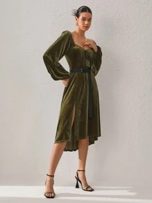 Brittney Do 设计师女士天鹅绒甜心领灯笼袖连衣裙，优雅连衣裙，秋季新年夜服装，适合秋冬季、节日、派对 - 綠色 - 查看 6