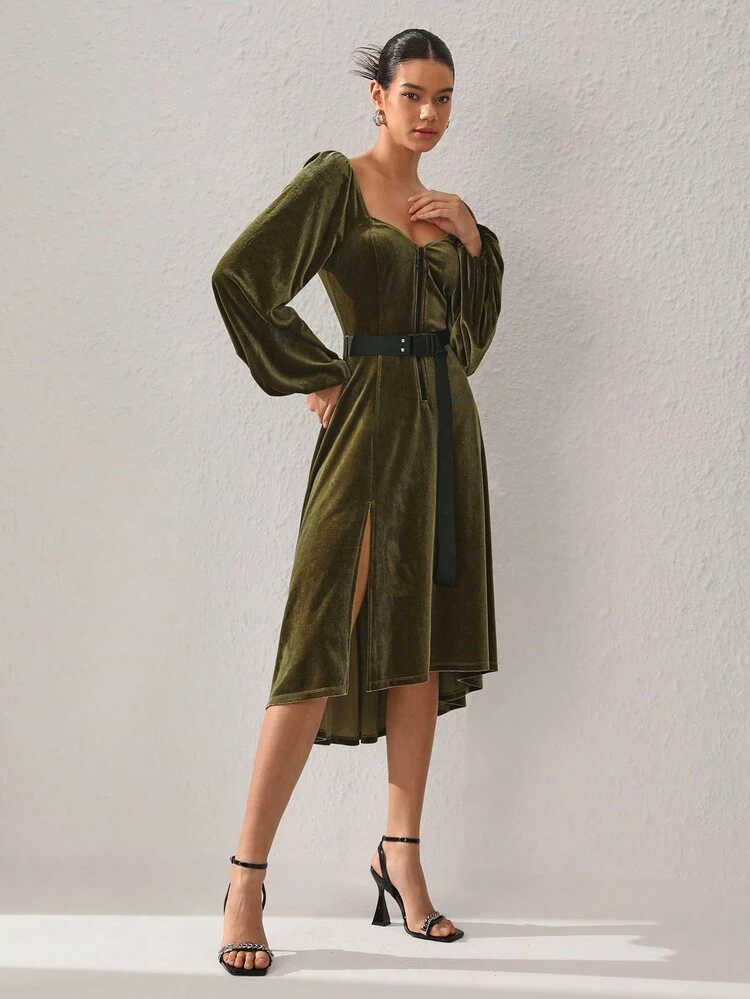 Designer Women's Velvet Sweetheart Neck Lantern Sleeve Dress,Elegant Dress,Fall New Year Eve Outfit, For Autumn & Winter, Holiday, Party