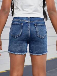 SHEIN Leap Crew Tween Girls' High Stretch Regular Waist Asymmetrical Ripped Denim Shorts - Blue - View 2