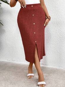 Calvaya 大碼條紋針織前開襟分叉裙 - 紫紅色 - 查看 4