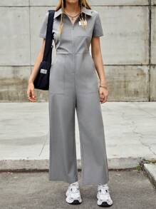 SHEIN EZwear 灰色編織女士連身褲,斜口袋和拉鍊前 - 灰色 - 查看 5