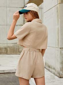 SHEIN EZwear Ladies' Khaki Color Weave Short Sleeves Suit Jacket And Shorts Set - Khaki - View 2