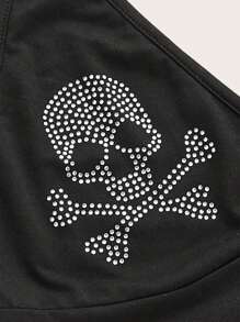 SHEIN EZwear 女士鑽石裝飾的頭骨設計綁頸上衣 - 黑色 - 查看 3