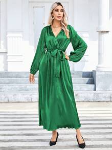 SHEIN Privé Women's Solid Color Lantern Sleeve Wrap Belted Dress