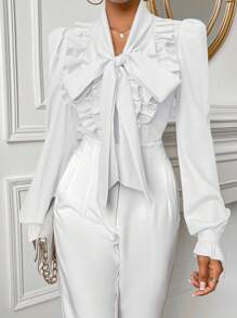 SHEIN Privé 女款長袖衫,多層荷葉邊緣,蝴蝶結細節和泡泡袖 - 白色 - 查看 4