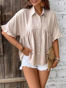 EMERY ROSE 女士荷叶边娃娃衫女式衬衫 - 卡其色 - 查看 4