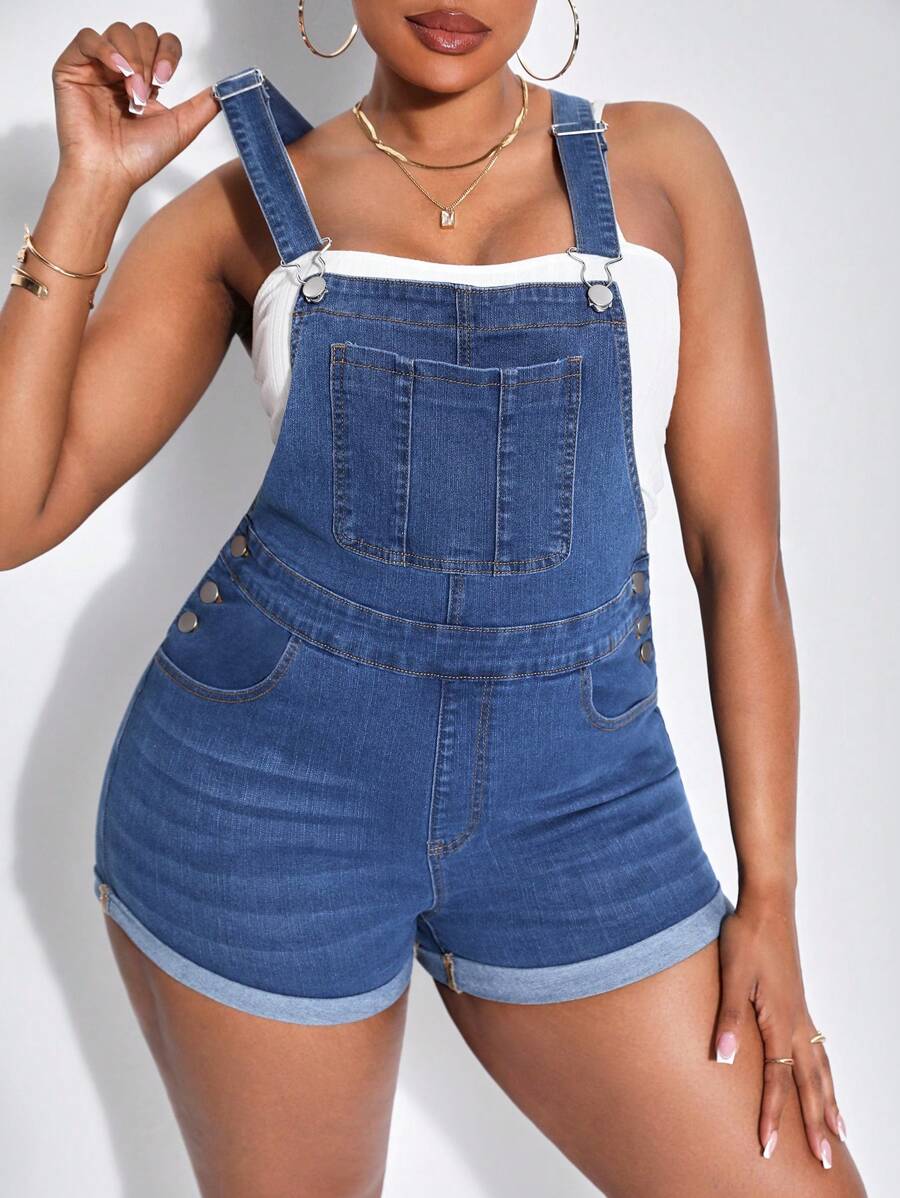 SHEIN SXY Plus Size Solid Color Bib Overalls Denim Shorts With Front Pockets - Blue - View 1