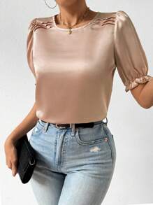 Chiquease 圓領荷葉邊袖口襯衫 - 杏色 - 查看 5