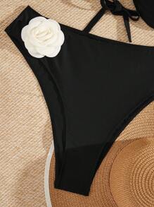 Swim Vcay Summer Beach Plus Size Women's 3d Flower Embellished Spaghetti Strap Bikini Set Wedding - Black - View 5