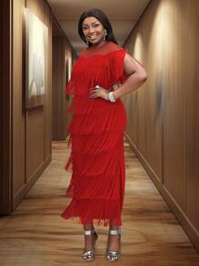 Women Red Fringe See Through Top Cap Sleeve Festival Party Tassel Dresses Midi Length New Year Party Dress - Red - View 7