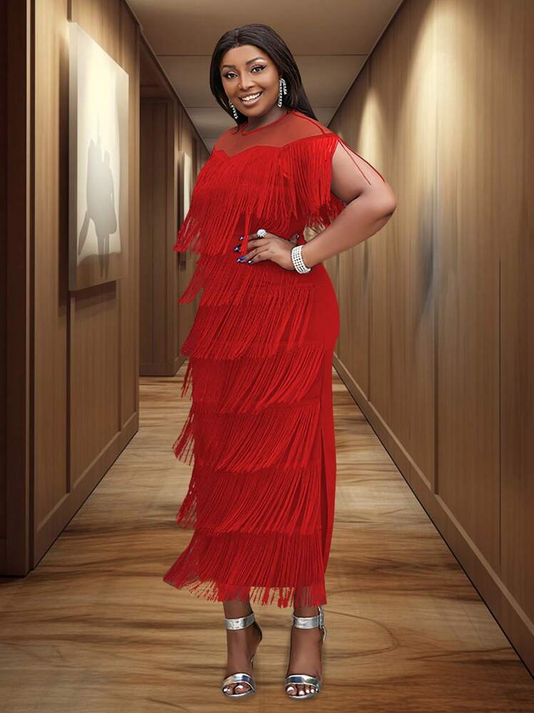 open lace back dress Ashley Lauren - 4438 Beaded Long Sleeve Fringe Sheath Dress 8 / Fuchsia