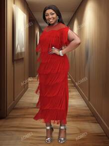 Robe mi-longue avec Top transparent à franges rouges, manches courtes, pour festival et fête