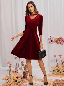 SHEIN Clasi Women's Choker Neck Velvet Red Dress - Red - View 2