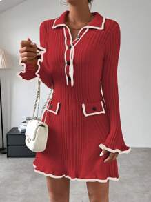 Chiquease 女士彩色拼接邊波浪袖毛衣連衣裙 - 紅色 - 查看 5