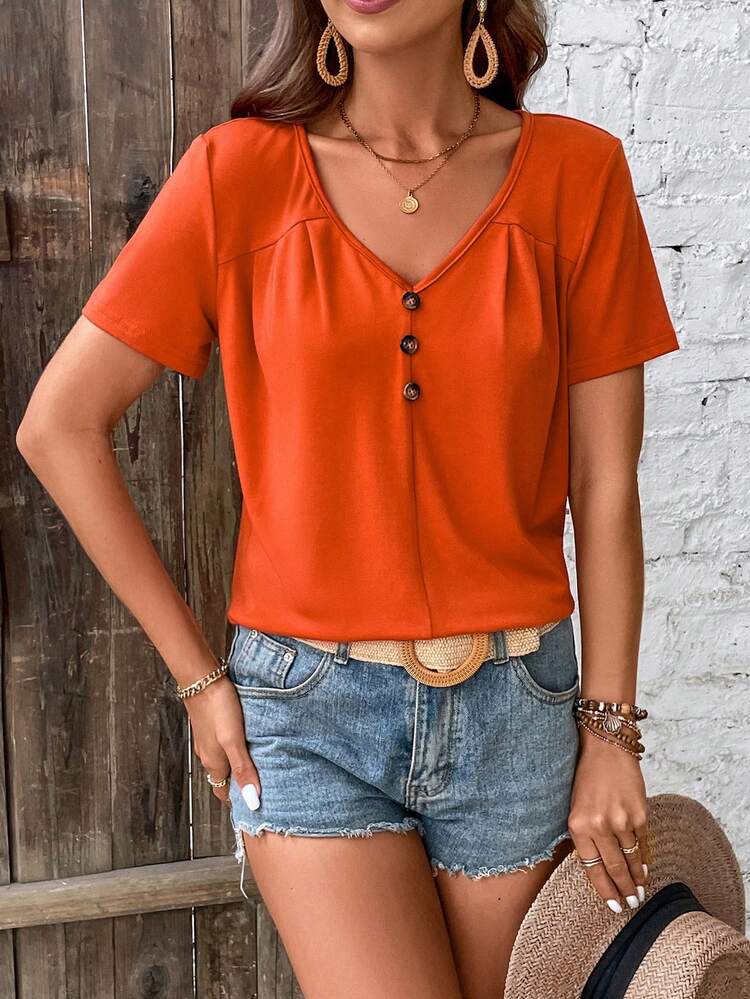 SHEIN LUNE Camiseta De Manga Corta Con Escote En V Con Detalle De Botón - Naranja - Ver 3