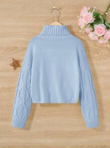 SHEIN Tween 女孩休閒寬鬆高領長袖絞花針織毛衣 - 淺藍色 - 查看 4