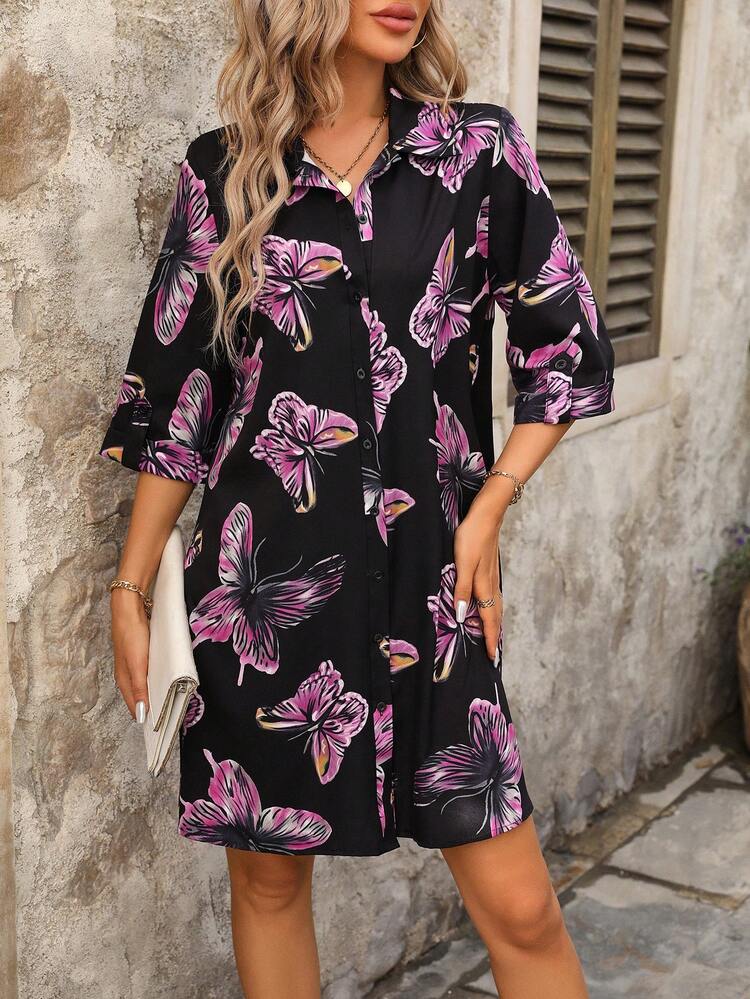 Butterfly Print Puff Sleeve Dress