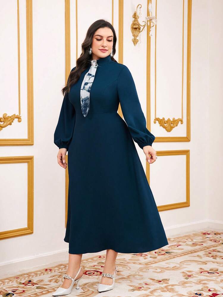 Plus Size Women'S False Tie Lantern Sleeve Arabian Dress