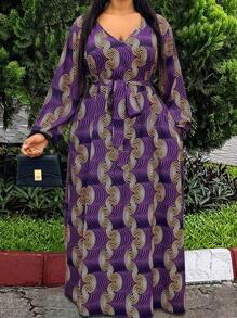 SHEIN LUNE 大尺寸全印花 V 領主教袖連身裙