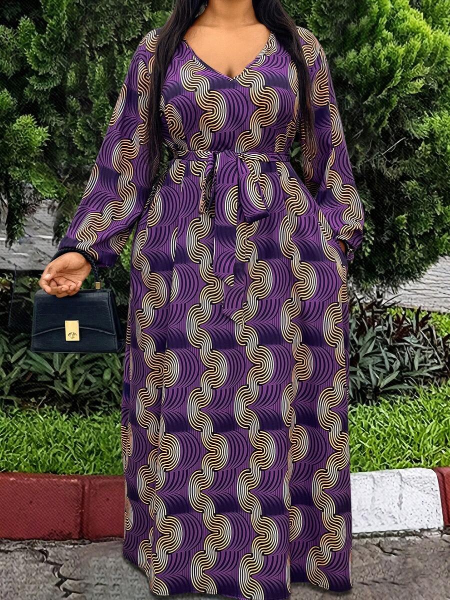 SHEIN LUNE 大尺寸全印花 V 領主教袖連身裙