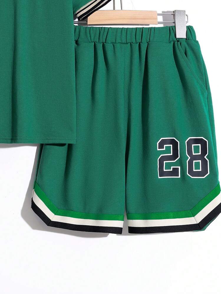 Tween Boys' Casual Holiday Style Letter Printed Round Neck Pullover With Woven Band Shorts Knitted 2pcs/Set