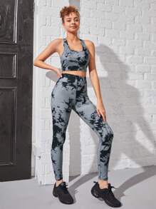 Teenage Girls' Tie Dye Grey Yoga Suit With High Elasticity, Free Stretch, Skin-Friendly, Comfortable, Soft And Breathable For Outdoor Sports - Multicolor - View 5