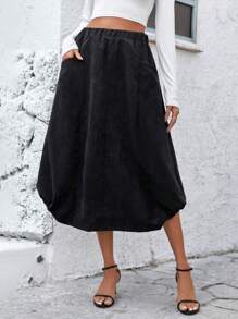 SHEIN LUNE 女款束口腰帶裙子,腰部有雙口袋 - 黑色 - 查看 1