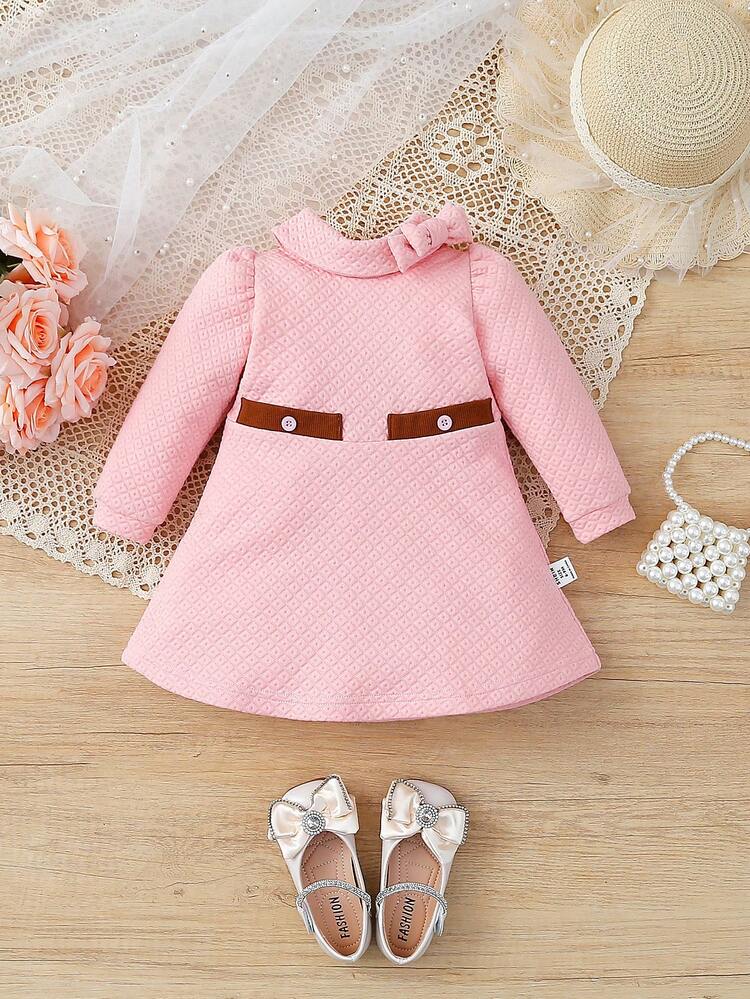 Baby Girls' Lovely Elegant Grid Pattern Long Sleeve Dress With Bowknot