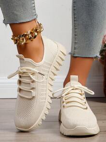 Women's Casual Sports Shoes, Breathable Decorated With Shoelaces, Beige Flat Shoes For Spring And Autumn - Beige - View 2