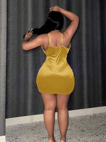 Slaydiva 女裝大碼純色毛邊拼接連衣裙 - 黃色 - 查看 2